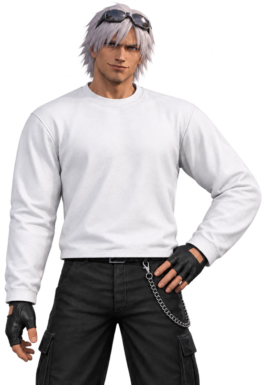 Dante, the Children of Dante character, in a plain white crew neck, standing above the clouds